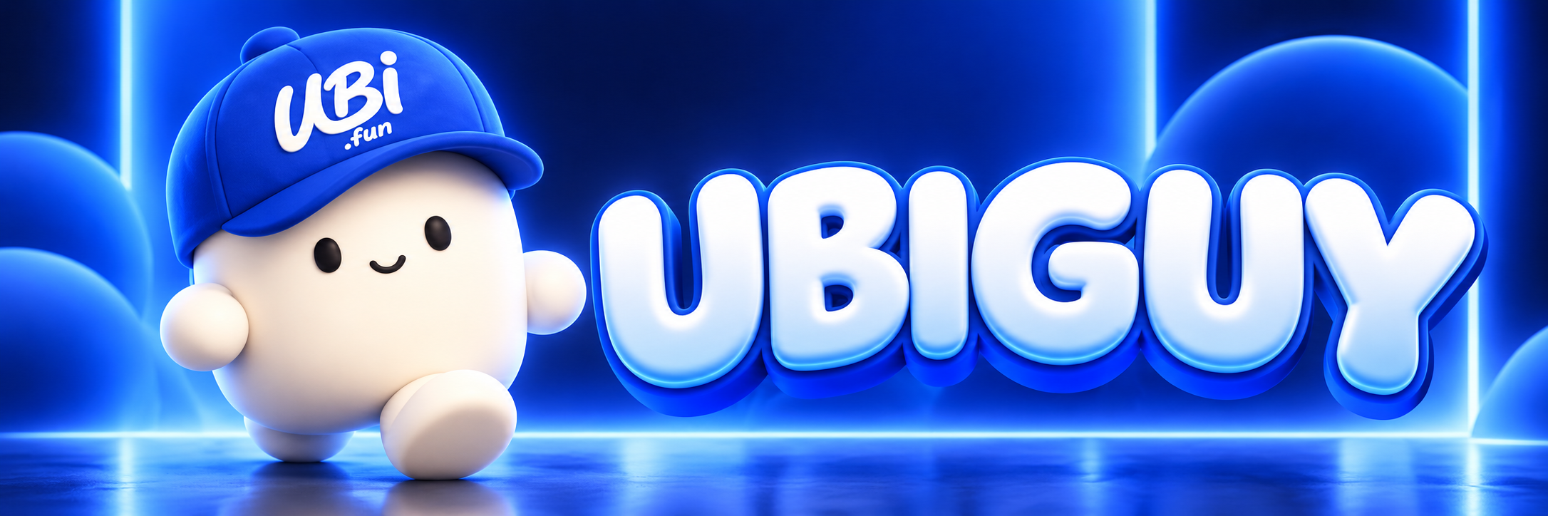 UBIMASCOT standing beside dimensional UBIGUY lettering on an electric blue field