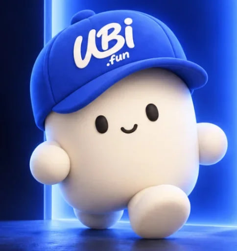 UBIMASCOT, a white rounded figure in a blue UBi.fun cap, mid-stride
